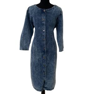 Eber San Francisco Vintage Blue Acid Wash Button Front Denim Midi Dress Size 13